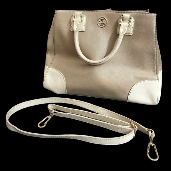 Tory Burch East West Robinson Satchel Tote Color Block Mid Camel Ivory - Picture 13 of 14